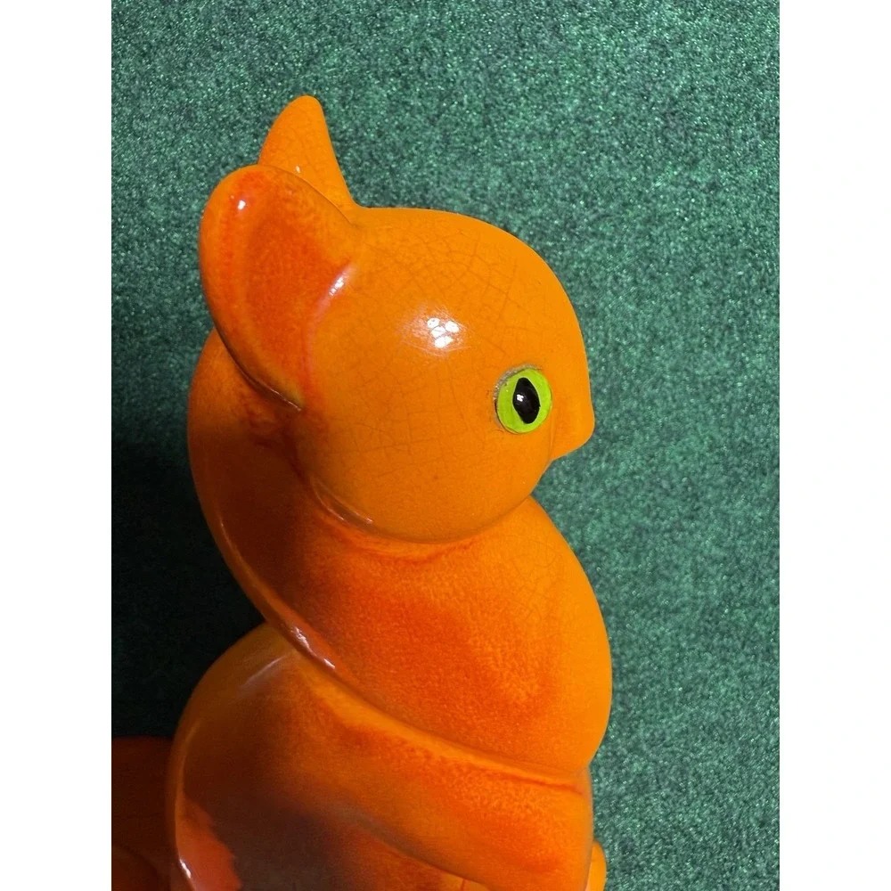 Royal‎ Haeger MCM Pottery Orange Winking Cat Statue + Vase Green Eye Figurine